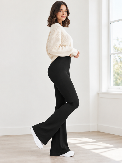 Side view of the Flare Pant showing the fitted hip and flared leg