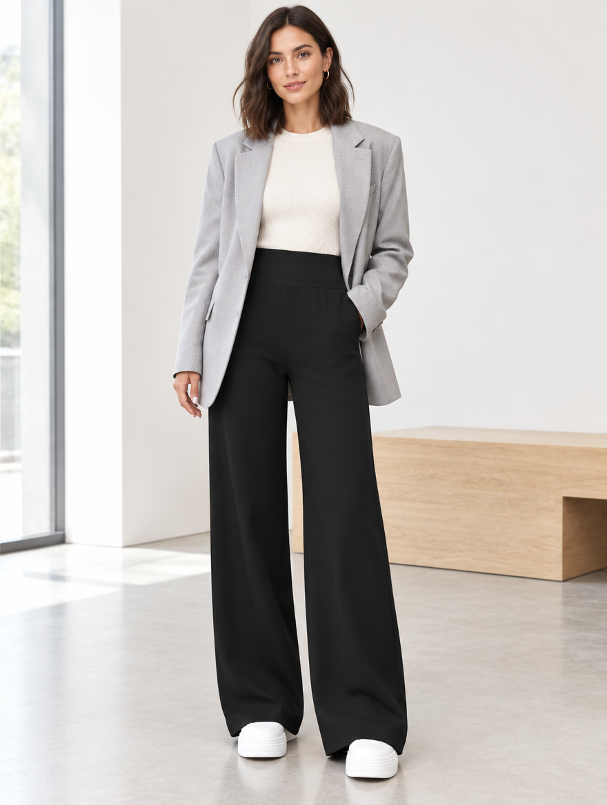 Model in black Office Trouser with grey blazer in a bright office lobby